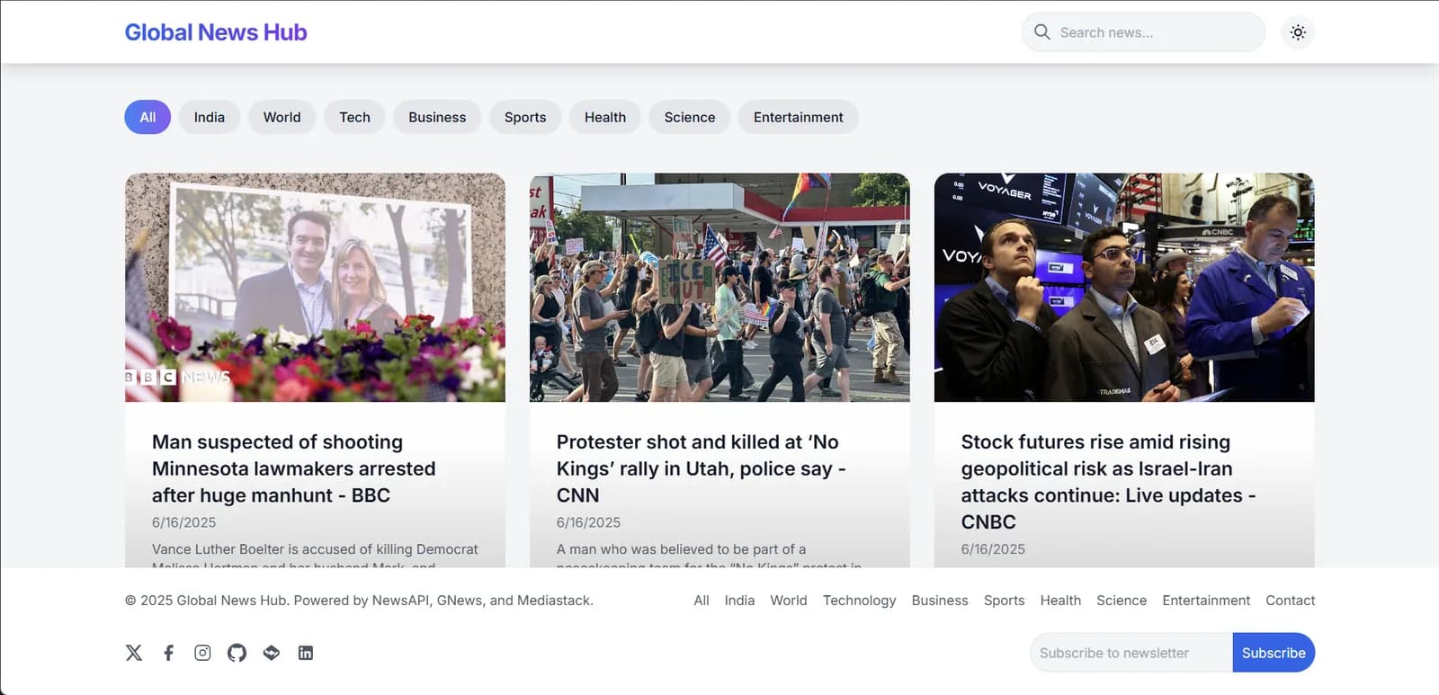 Screenshot of Global News Hub — A modern news aggregator wired to three APIs