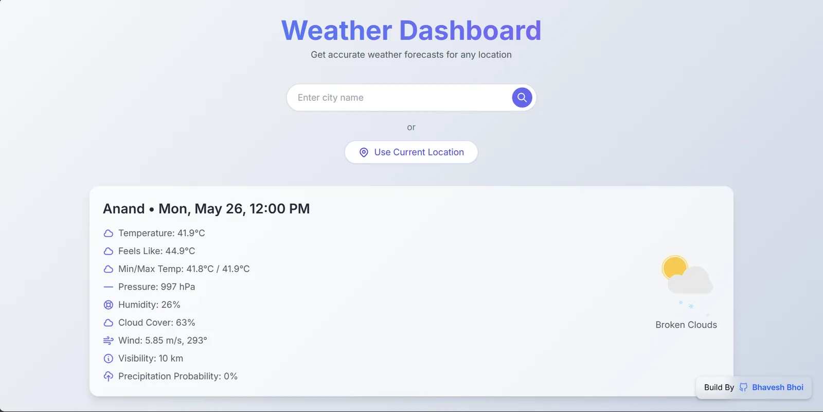 Screenshot of Weather Forecast Dashboard — Real-time weather, beautifully presented